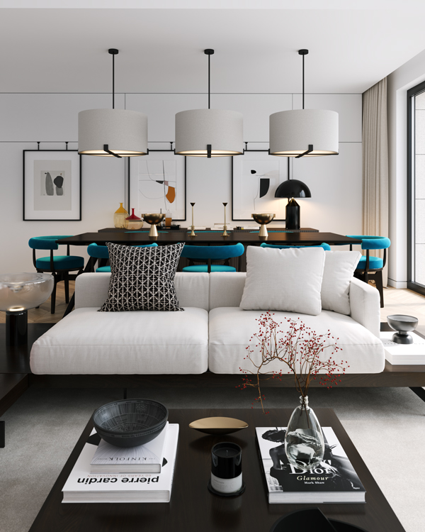 dining living room with blue chairs